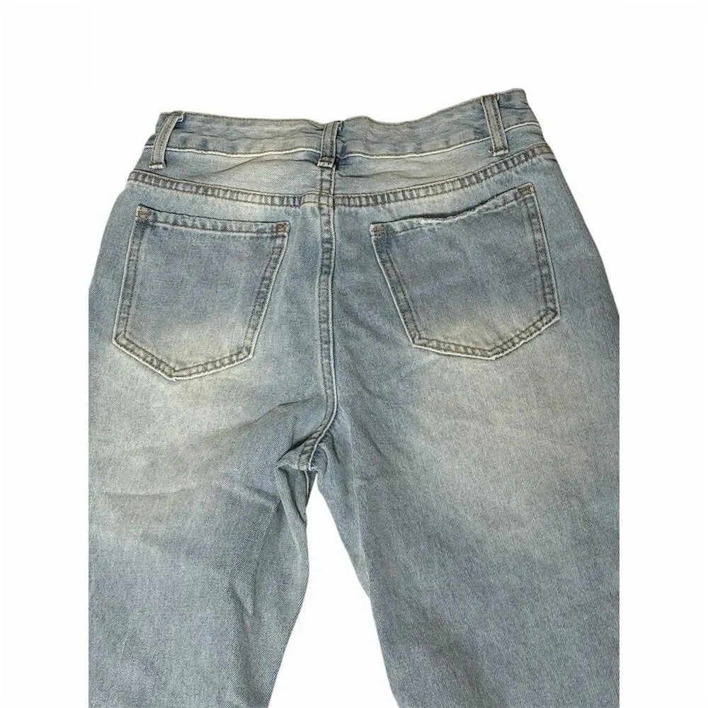 GIRLS SHEIN Petite Distressed Wide-Leg Jeans S Blue Light Wash